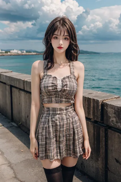 best quality,[masterpiece],((beautiful:0.75) cute girl:0.75),Professional,photo_(medium),ultra-fine painting,1girl,black hair,outdoors,(front:1.3),(standing:1.3),seaside,cloudy sky,cowboy_shot,
<lora:add_detail:1>, <lora:Sweet girl clothes3:0.75> Sweet girl clothes3,plaid,thighhighs,