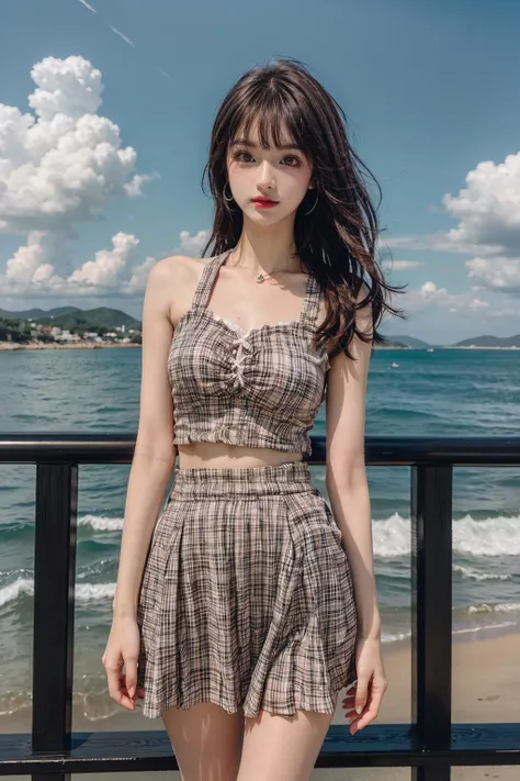 very cute and beautiful girl standing near window, (yellow plaid summer dress with detailed frills),sleeveless,detailed lace,skirt lift,white panties, (highly detailed beautiful face),beach,wooden floating cottage, cowboy shot,(smile:1.2),sexy expression,looking at viewer,medium hair,black hair, (best quality,masterpiece:1.0),absurdres,highres,ultra-detailed,extremely detailed,32k,8k resolution, intricate details,cinematic scene,detailed background,solo,dynamic angle, natural lighting,light particles,beautiful detailed sky,