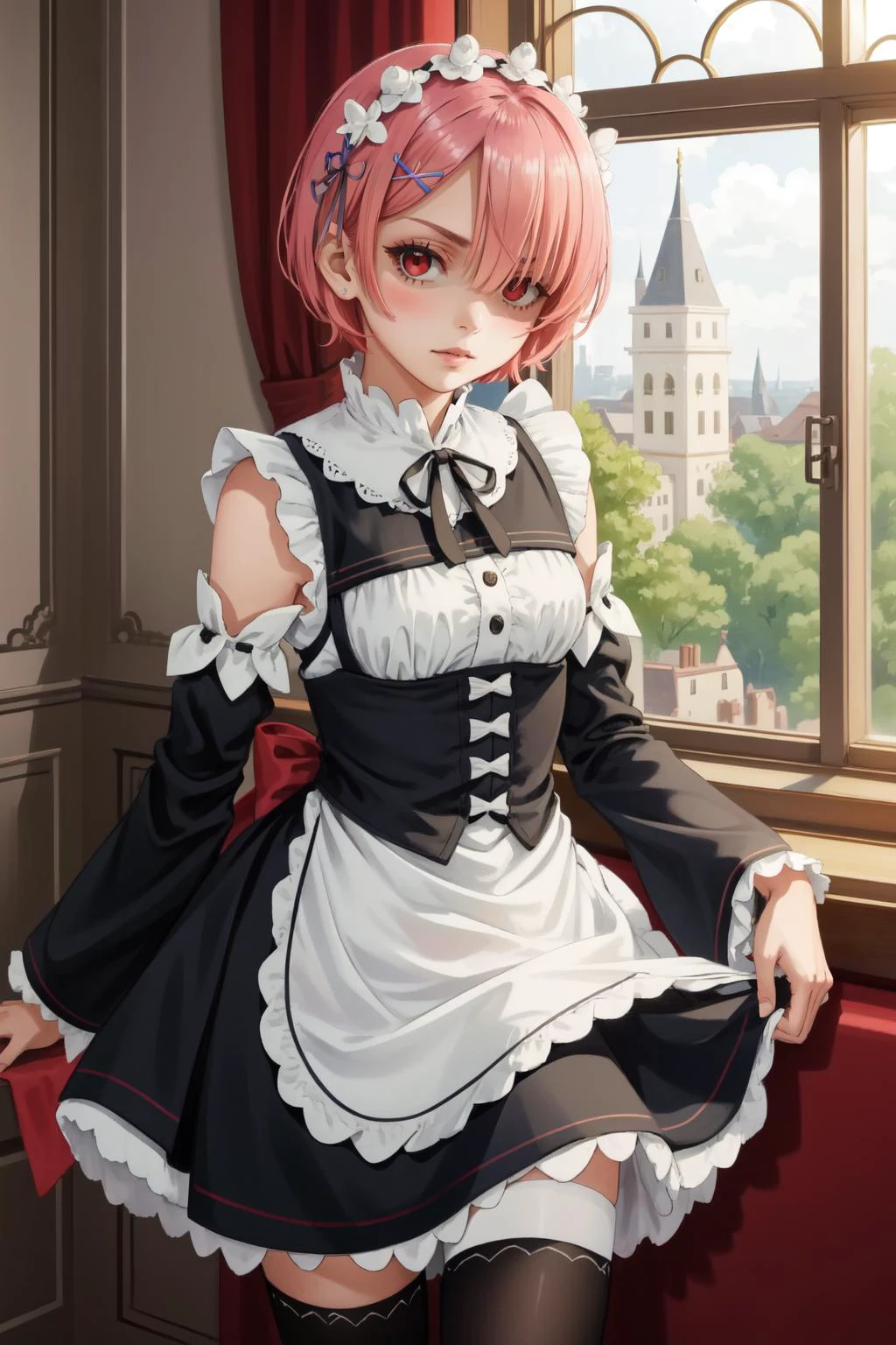 (masterpiece, best quality), intricate details,
1girl, <lora:ramtest:0.8> ram, hair flower, hair ornament, hair over one eye, pink hair, (red eyes:1.5), short hair, x hair ornament,, apron, black bow, black dress, black ribbon, bow, detached sleeves, dress, frilled apron, frilled sleeves, frills, juliet sleeves, long sleeves, maid, neck ribbon, puffy sleeves, ribbon, roswaal mansion maid uniform, thighhighs, two-tone dress, waist apron, white bow, white dress, white thighhighs,,
<lora:shadedFaceEyesIn_shadedFace:0.8> shaded face, <lora:glaringV_Conv2D:0.8> glaring, looking at viewer, angry,
