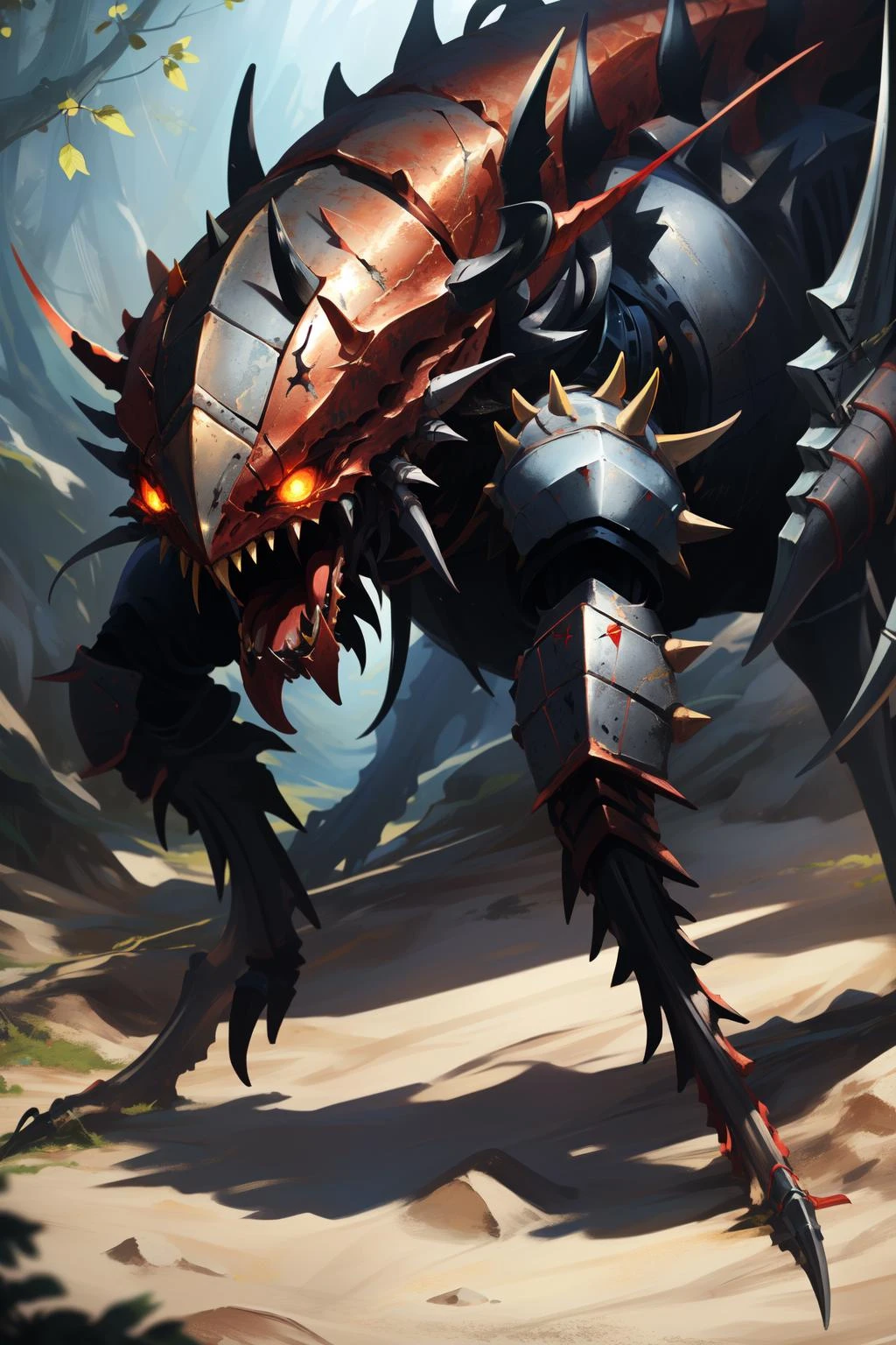 (masterpiece, best quality), intricate details,
<lora:RPGAnkheg:0.8> ankheg, antennae, black eyes, blurry, brown body, carapace, claws, dark body, glowing, grey body, horns, large eyes, mandibles, open mouth, realistic, red body, red eyes, sharp teeth, solo, spikes, teeth, tongue, yellow body, yellow eyes