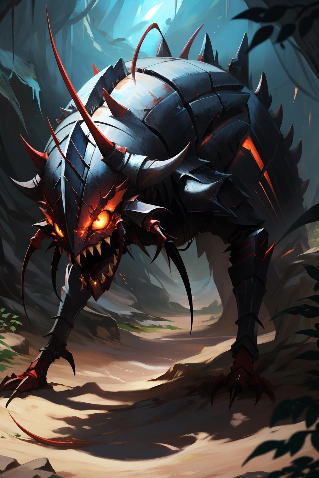 (masterpiece, best quality), intricate details,
<lora:RPGAnkheg:0.8> ankheg, antennae, black eyes, blurry, brown body, carapace, claws, dark body, glowing, grey body, horns, large eyes, mandibles, open mouth, realistic, red body, red eyes, sharp teeth, solo, spikes, teeth, tongue, yellow body, yellow eyes
underground cave, lava, dark lighting,