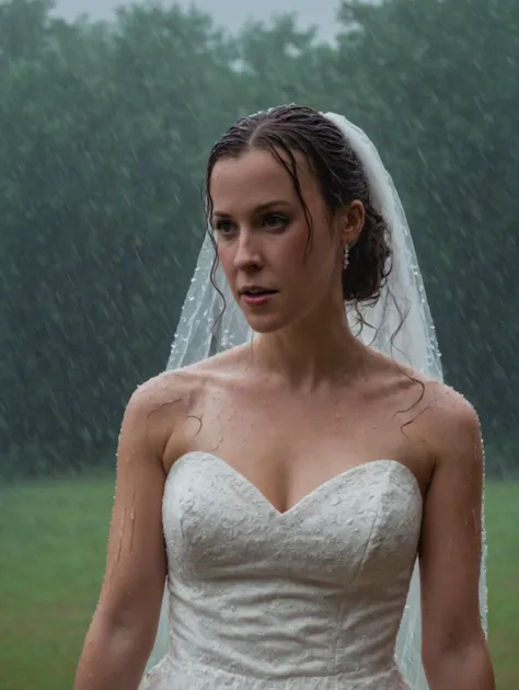dramatic photo of almrst wearing a wedding dress outdoors with hard rain pouring down, <lora:almrstSDXL:0.9>