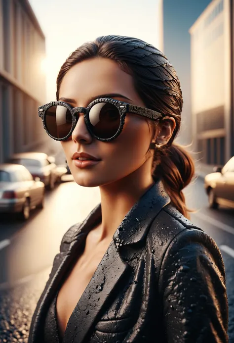 cinematic photo , a woman wearing sunglasses made from ais-tarmac <lora:Fresh_Tarmac_SXDL:1> . 35mm photograph, film, bokeh, professional, 4k, highly detailed