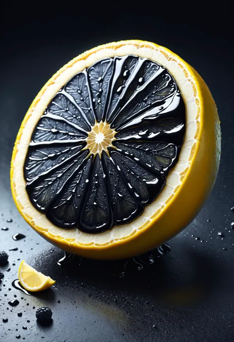 ethereal fantasy concept art of a black lemon slice with the segments covered in ais-tarmac <lora:Fresh_Tarmac_SXDL:0.8> . magnificent, celestial, ethereal, painterly, epic, majestic, magical, fantasy art, cover art, dreamy