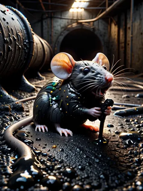 a mouse covered in ais-tarmac inside a pipe filled with ral-oilspill <lora:Fresh_Tarmac_SXDL:1> <lora:ral-oilspill-sdxl:0.3> in an abandoned factory, dark dim light