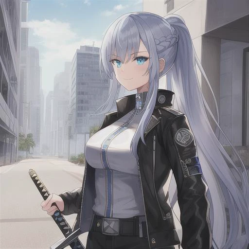 {1girl}, determined, biker jacket, casual pants,  masterpiece, smirking, perfect detailed on hands, illustration, beautiful-detailed eyes,  {{cinematic light}}, ultra detailed, {long hair},  {katana}, hallway, medium breasts, silver hair with highlights, futuristic city, industrial, monitors, open area,}}} from front, eye focus, determined, determined look, {glowing blue eyes}, french braid, ponytail