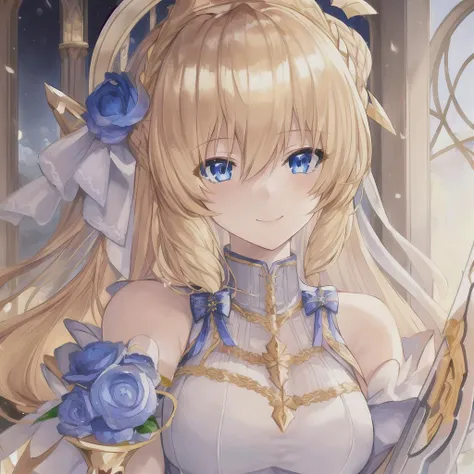 1girl, ahoge, artoria_pendragon_\(fate\), blonde_hair, blue_eyes, gloves, long_hair, looking_at_viewer, smile, solo, upper_body, braid, golden_halo, 12_angel_wings