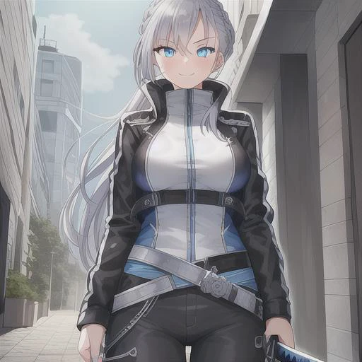 {1girl}, determined, biker jacket, casual pants, masterpiece, smirking, perfect detailed on hands, illustration, beautiful-detailed eyes, {{cinematic light}}, ultra detailed, {long hair}, {katana}, hallway, medium breasts, silver hair with highlights, futuristic city, industrial, monitors, open area,}}} from front, eye focus, determined, determined look, {glowing blue eyes}, french braid, ponytail