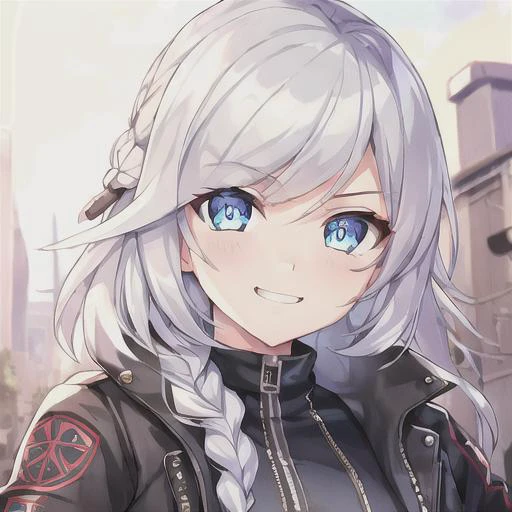 {1girl}, determined, biker jacket, casual pants, masterpiece, smirking, perfect detailed on hands, illustration, beautiful-detailed eyes, {{cinematic light}}, ultra detailed, {medium hair}, {katana}, hallway, small breasts, silver hair with highlights, futuristic city, industrial, monitors, open area,}}} from front, eye focus, determined, determined look, {glowing blue eyes}, braid,