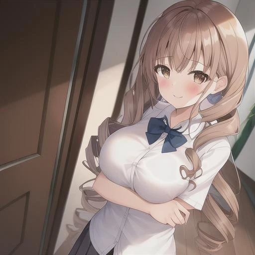 1girl, hallway, blush, breast_hold, breasts, brown_eyes, brown_hair, crossed_arms, curly_hair, drill_hair, hairband, large_breasts, letterboxed, long_hair, looking_at_viewer, open_mouth, pillarboxed, ringlets, school_uniform, shirt, short_sleeves, skirt, smile, solo, twin_drills, older_teen