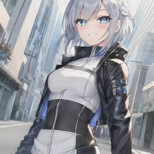 {1girl}, determined, biker jacket, casual pants, masterpiece, smirking, perfect detailed on hands, illustration, beautiful-detailed eyes, {{cinematic light}}, ultra detailed, {short hair}, {katana}, hallway, small breasts, silver hair with highlights, futuristic city, industrial, monitors, open area,}}} from front, eye focus, determined, determined look, {glowing blue eyes}, braid,