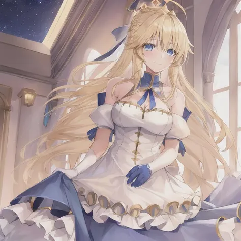 1girl, ahoge, artoria_pendragon_\(fate\), blonde_hair, blue_eyes, gloves, long_hair, looking_at_viewer, smile, solo, upper_body, braid, golden_halo, 12_angel_wings