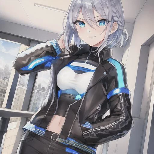 {1girl}, determined, biker jacket, casual pants, masterpiece, smirking, perfect detailed on hands, illustration, beautiful-detailed eyes, {{cinematic light}}, ultra detailed, {short hair}, {katana}, hallway, small breasts, silver hair with highlights, futuristic city, industrial, monitors, open area,}}} from front, eye focus, determined, determined look, {glowing blue eyes}, braid,