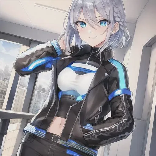 {1girl}, determined, biker jacket, casual pants,  masterpiece, smirking, perfect detailed on hands, illustration, beautiful-detailed eyes,  {{cinematic light}}, ultra detailed, {short hair},  {katana}, hallway, small breasts, silver hair with highlights, futuristic city, industrial, monitors, open area,}}} from front, eye focus, determined, determined look, {glowing blue eyes}, braid,