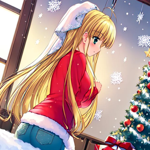 (best quality), ((masterpiece)), (highres), (an extremely delicate and beautiful), Christmas, christmas tree, snowing, snow, falling snow, Christmas tree, small breasts, winter jacket, t-shirt, jeans, <lora:asia_argento:1>, asia argento, blonde hair, (1girl:1.2),