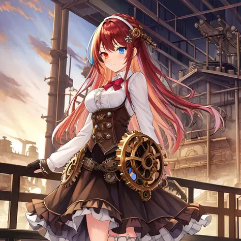 best quality, masterpiece, highres, detailed, perfect anatomy, SteamPunkCh, gears, gas, metallic, gear dress, <lyco:Change - SteampunkCh:0.7>, factory, hair tie, working, machinery, long skirt, gear skirt, 1girl, multicolored hair, heterochromia, cowboy shot, curtsey,