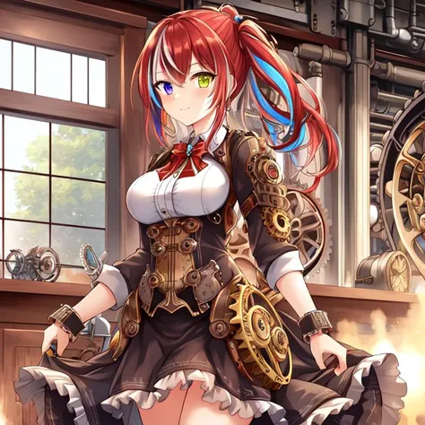 best quality, masterpiece, highres, detailed, perfect anatomy, SteamPunkCh, gears, gas, metallic, gear dress, <lyco:Change - SteampunkCh:0.7>, factory, hair tie, working, machinery, long skirt, gear skirt, 1girl, multicolored hair, heterochromia, cowboy shot, curtsey,