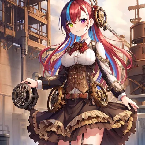 best quality, masterpiece, highres, detailed, perfect anatomy, SteamPunkCh, gears, gas, metallic, gear dress, <lyco:Change - SteampunkCh:0.7>, factory, hair tie, working, machinery, long skirt, gear skirt, 1girl, multicolored hair, heterochromia, cowboy shot, curtsey,