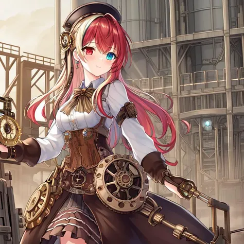 best quality, masterpiece, highres, detailed, perfect anatomy, SteamPunkCh, gears, gas, metallic, gear dress, <lyco:Change - SteampunkCh:0.7>, factory, hair tie, working, machinery, long skirt, gear skirt, 1girl, multicolored hair, heterochromia, cowboy shot, curtsey,