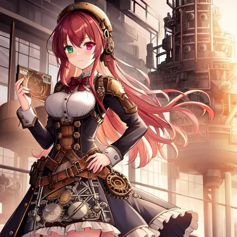 best quality, masterpiece, highres, detailed, perfect anatomy, SteamPunkCh, gears, gas, metallic, gear dress, <lyco:Change - SteampunkCh:0.7>, factory, hair tie, working, machinery, long skirt, gear skirt, 1girl, multicolored hair, heterochromia, cowboy shot, curtsey,