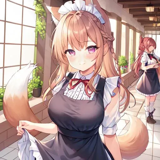 1girl, 2girls, apron, bangs, blush, (braid:1.2), breasts, brick_wall, brown_hair, closed_mouth, frills, long_hair, looking_at_viewer, maid, maid_apron, maid_headdress, large_breasts, ponytail, puffy_sleeves, purple_eyes, red_bow, shirt, short_sleeves, sidelocks, smile, tile_floor, tile_wall, tiles, full_body, fox_ears, fox_tail, bowing, hallway, smiling, cat ears, cat tail, dog ears, dog tail,