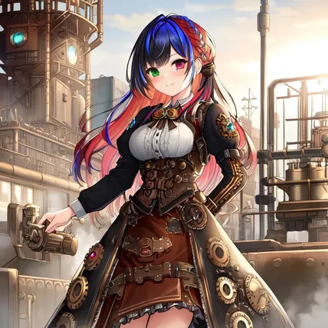 best quality, masterpiece, highres, detailed, perfect anatomy, SteamPunkCh, gears, gas, metallic, gear dress, <lyco:Change - SteampunkCh:0.7>, factory, hair tie, working, machinery, long skirt, gear skirt, 1girl, multicolored hair, heterochromia, cowboy shot,