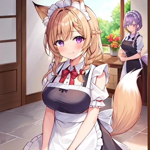 1girl, 2girls, apron, bangs, blush, (braid:1.2), breasts, brick_wall, brown_hair, closed_mouth, frills, long_hair, looking_at_viewer, maid, maid_apron, maid_headdress, large_breasts, ponytail, puffy_sleeves, purple_eyes, red_bow, shirt, short_sleeves, sidelocks, smile, tile_floor, tile_wall, tiles, full_body, fox_ears, fox_tail, bowing, hallway, smiling, cat ears, cat tail, dog ears, dog tail,