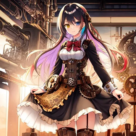 best quality, masterpiece, highres, detailed, perfect anatomy, SteamPunkCh, gears, gas, metallic, gear dress, <lyco:Change - SteampunkCh:0.7>, factory, hair tie, working, machinery, long skirt, gear skirt, 1girl, multicolored hair, heterochromia, cowboy shot,