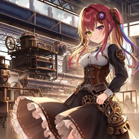best quality, masterpiece, highres, detailed, perfect anatomy, SteamPunkCh, gears, gas, metallic, gear dress, <lyco:Change - SteampunkCh:0.7>, factory, hair tie, working, machinery, long skirt, gear skirt, 1girl, multicolored hair, heterochromia, cowboy shot, curtsey,