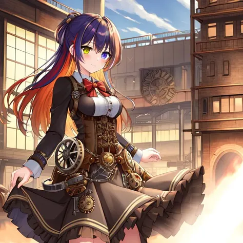 best quality, masterpiece, highres, detailed, perfect anatomy, SteamPunkCh, gears, gas, metallic, gear dress, <lyco:Change - SteampunkCh:0.7>, factory, hair tie, working, machinery, long skirt, gear skirt, 1girl, multicolored hair, heterochromia, cowboy shot, curtsey,