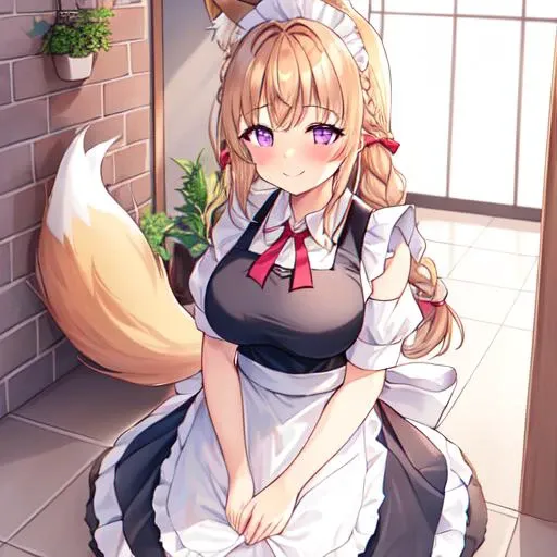 1girl, 2girls, apron, bangs, blush, (braid:1.2), breasts, brick_wall, brown_hair, closed_mouth, frills, long_hair, looking_at_viewer, maid, maid_apron, maid_headdress, large_breasts, ponytail, puffy_sleeves, purple_eyes, red_bow, shirt, short_sleeves, sidelocks, smile, tile_floor, tile_wall, tiles, full_body, fox_ears, fox_tail, bowing, hallway, smiling, cat ears, cat tail, dog ears, dog tail,