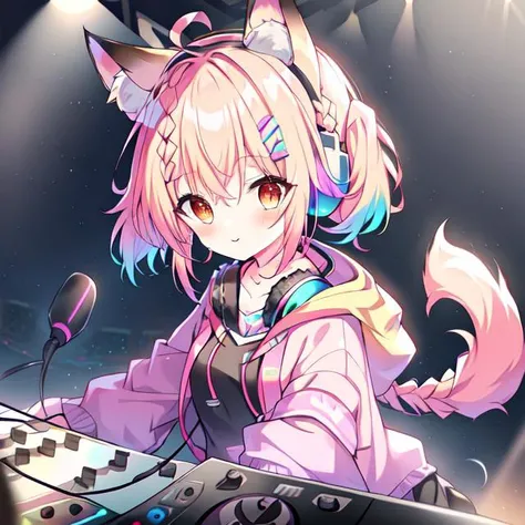 {{braid}}, <lora:DJ_Girls:1>, headphones, headphones, dj booth, dj, stage, short hair, twintails,