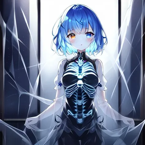Masterpiece,absurd resolution,high quality,8k, TranslucentVisibility, 1girl, looking at viewer, parted lips, short hair, heterochromia, multicolored hair, lab, computer screens, laboratory, hologram, x-ray, see-through body, translucent skin, skeleton, glowing skin, chiaroscuro, depth of field, science fiction, <lora:translucent_SD:0.8>