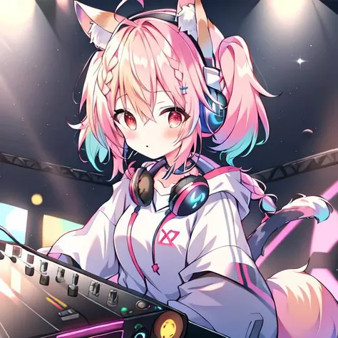 {{braid}}, <lora:DJ_Girls:1>, headphones, headphones, dj booth, dj, stage, short hair, twintails,
