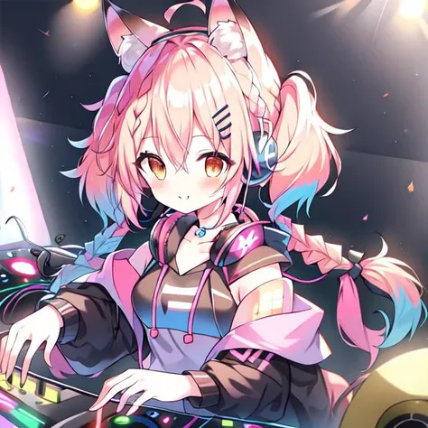 {{braid}}, <lora:DJ_Girls:1>, headphones, headphones, dj booth, dj, stage, short hair, twintails,