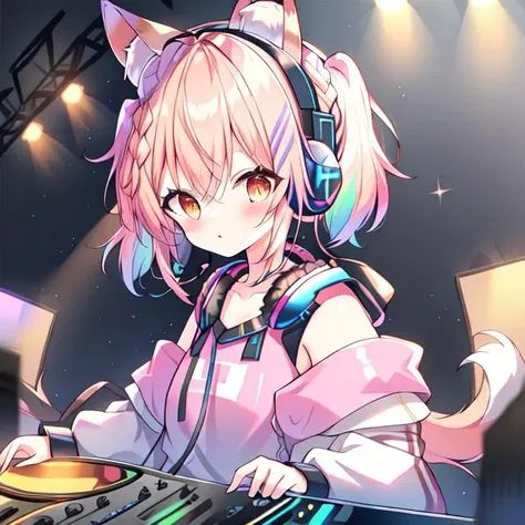 {{braid}}, <lora:DJ_Girls:1>, headphones, headphones, dj booth, dj, stage, short hair, twintails,