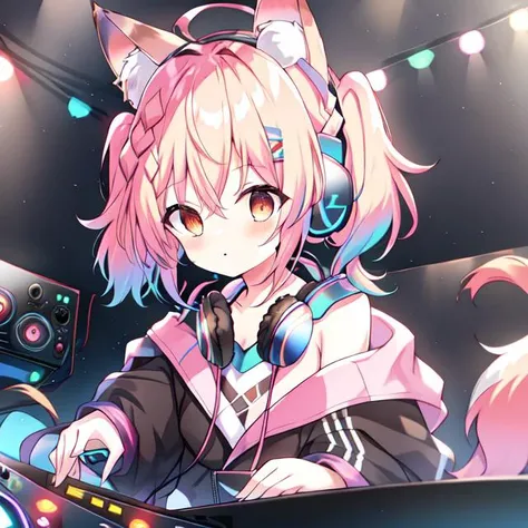 {{braid}}, <lora:DJ_Girls:1>, headphones, headphones, dj booth, dj, stage, short hair, twintails,