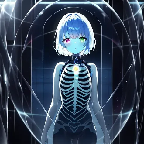 Masterpiece,absurd resolution,high quality,8k, TranslucentVisibility, 1girl, looking at viewer, parted lips, short hair, heterochromia, multicolored hair, hologram, x-ray, see-through body, translucent skin, skeleton, glowing skin, chiaroscuro, depth of field, science fiction, <lora:translucent_SD:0.8>