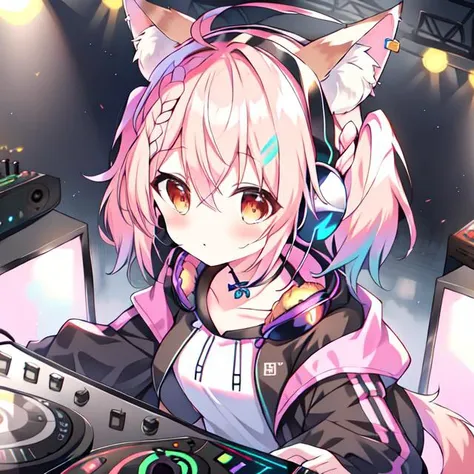 {{braid}}, <lora:DJ_Girls:1>, headphones, headphones, dj booth, dj, stage, short hair, twintails,