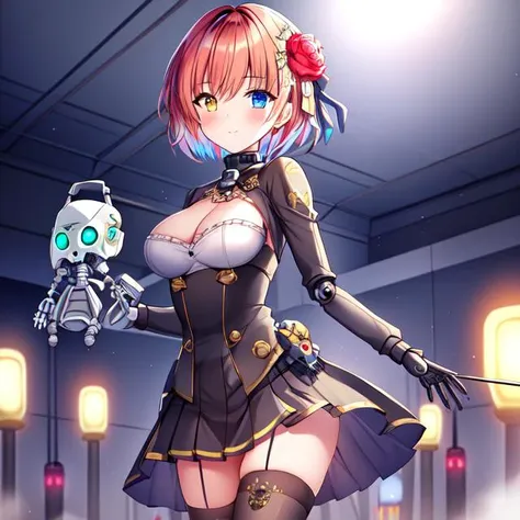 Masterpiece,absurd resolution,high quality,8k, TranslucentVisibility, (family friendly:1.1),1girl,solo,short hair,breasts,looking at viewer,hair ornament,thighhighs,medium breasts,heterochromia,multicolored hair,black thighhighs,hair flower,mole,mask,glowing,robot,glowing eyes,science fiction,android,joints,skeleton,robot joints,bone,gas mask,mechanical parts,spine <lora:translucent_Xl:0.8>