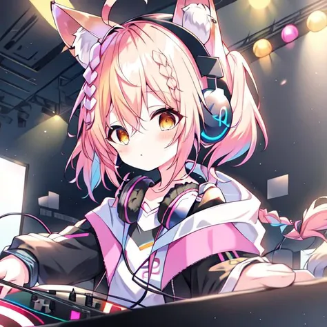 {{braid}}, <lora:DJ_Girls:1>, headphones, headphones, dj booth, dj, stage, short hair, twintails,