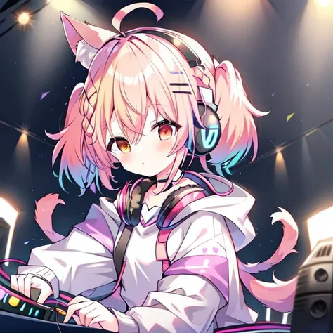 {{braid}}, <lora:DJ_Girls:1>, headphones, headphones, dj booth, dj, stage, short hair, twintails,
