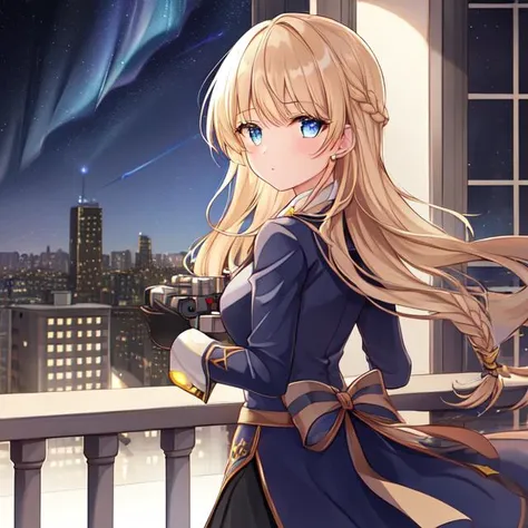 1girl, aurora, balcony, bangs, black_gloves, blonde_hair, blue_eyes, braid, building, city, city_lights, cityscape, clock_tower, cloud, constellation, earth_\(planet\), eyebrows_visible_through_hair, galaxy, gloves, holding, jacket, light_particles, long_sleeves, looking_at_viewer, milky_way, moon, moonlight, night, night_sky, planet, shooting_star, skirt, sky, solo, space, space_craft, star_\(sky\), starry_sky, starry_sky_print, telescope, window