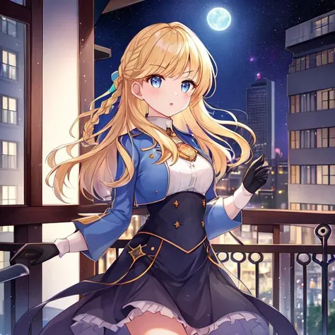 1girl, aurora, balcony, bangs, black_gloves, blonde_hair, blue_eyes, braid, building, city, city_lights, cityscape, clock_tower, cloud, constellation, earth_\(planet\), eyebrows_visible_through_hair, galaxy, gloves, holding, jacket, light_particles, long_sleeves, looking_at_viewer, milky_way, moon, moonlight, night, night_sky, planet, shooting_star, skirt, sky, solo, space, space_craft, star_\(sky\), starry_sky, starry_sky_print, telescope, window