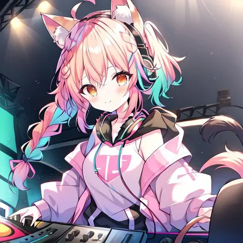 {{braid}}, <lora:DJ_Girls:1>, headphones, headphones, dj booth, dj, stage, short hair, twintails,