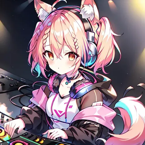 {{braid}}, <lora:DJ_Girls:1>, headphones, headphones, dj booth, dj, stage, short hair, twintails,