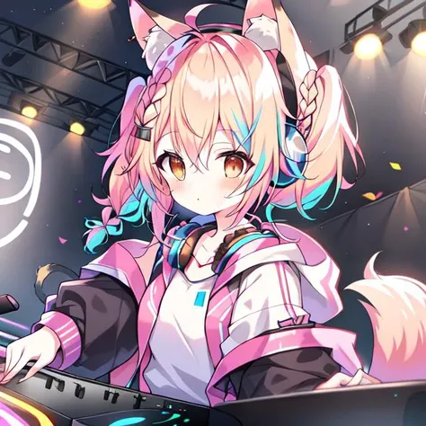 {{braid}}, <lora:DJ_Girls:1>, headphones, headphones, dj booth, dj, stage, short hair, twintails,
