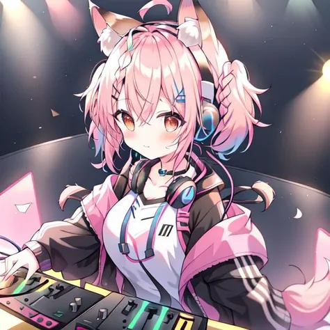 {{braid}}, <lora:DJ_Girls:1>, headphones, headphones, dj booth, dj, stage, short hair, twintails,