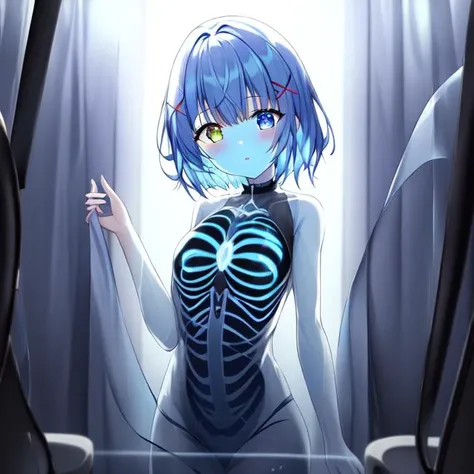 Masterpiece,absurd resolution,high quality,8k, TranslucentVisibility, 1girl, looking at viewer, parted lips, short hair, heterochromia, multicolored hair, lab, computer screens, laboratory, hologram, x-ray, see-through body, translucent skin, skeleton, glowing skin, chiaroscuro, depth of field, science fiction, <lora:translucent_SD:0.8>