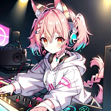 {{braid}}, <lora:DJ_Girls:1>, headphones, headphones, dj booth, dj, stage, short hair, twintails,